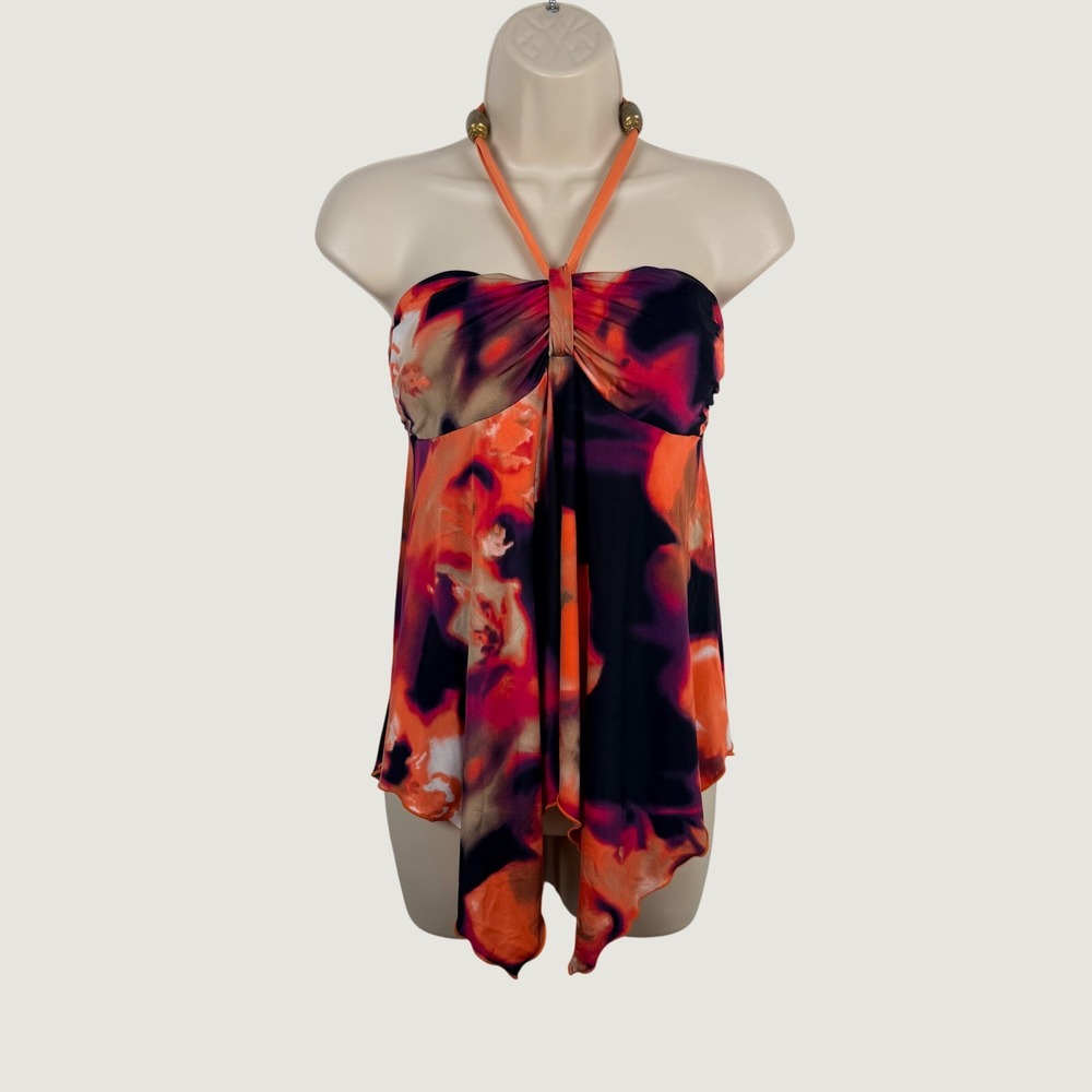 Baby Phat M Vtg Y2K Abstract Floral Halter Top Orange Purple Gold Bead Hanky Hem